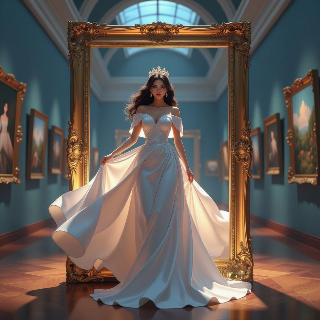 Majestic Queen Emerges from Golden Frame in Anime Style