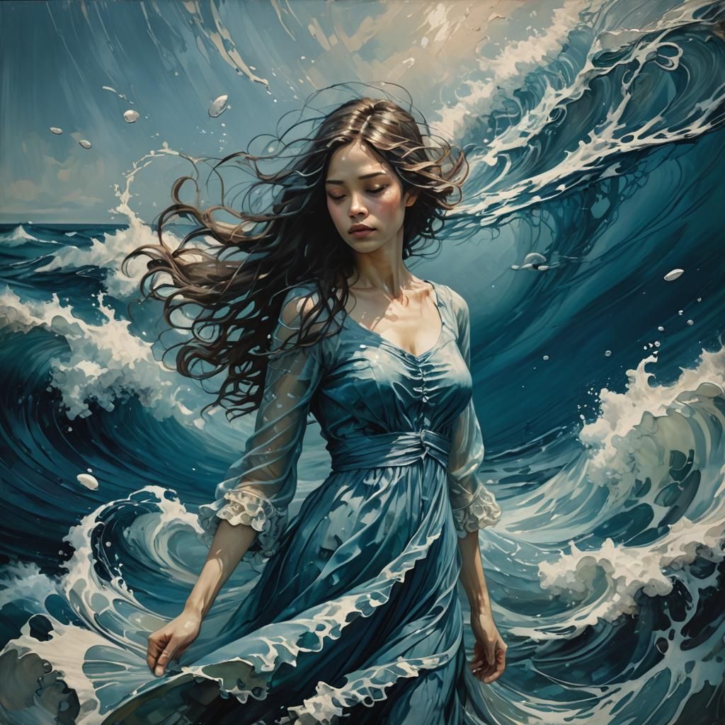 Ocean Personified: An Art Nouveau Oil Painting