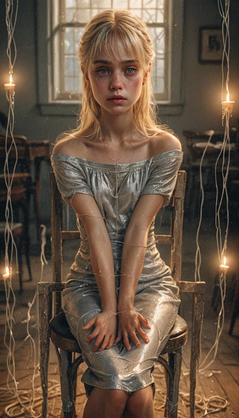Melancholic Blonde Girl Entwined in Silver Threads