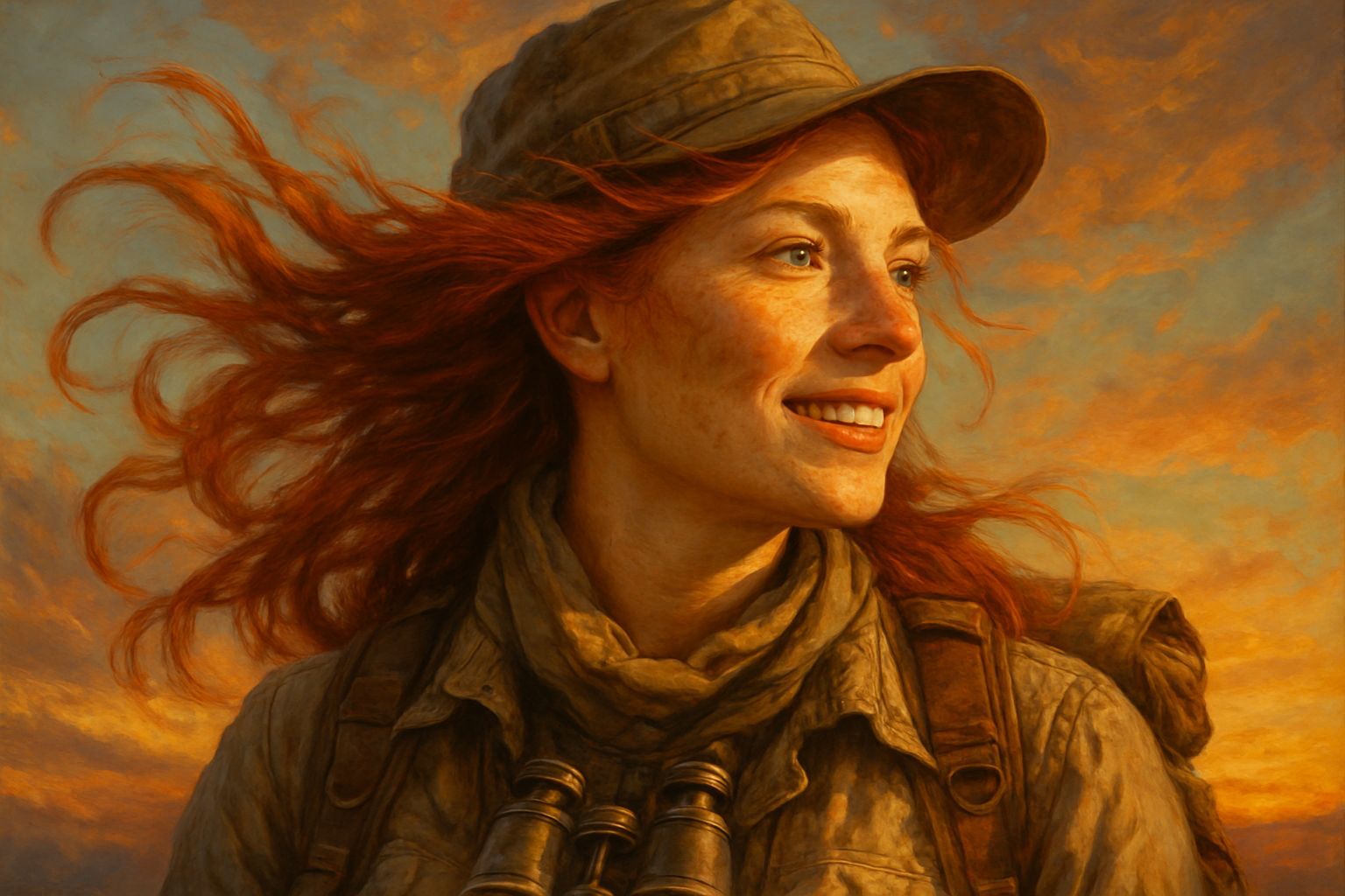Optimistic Redhead Explorer in the Wind: Detailed Painting