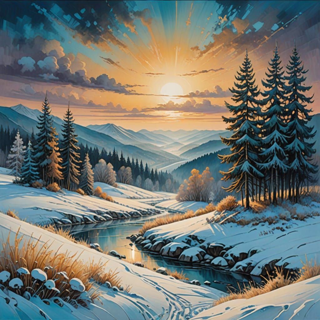 Dreamlike Panoramic Winter Scene in Earthy Tones