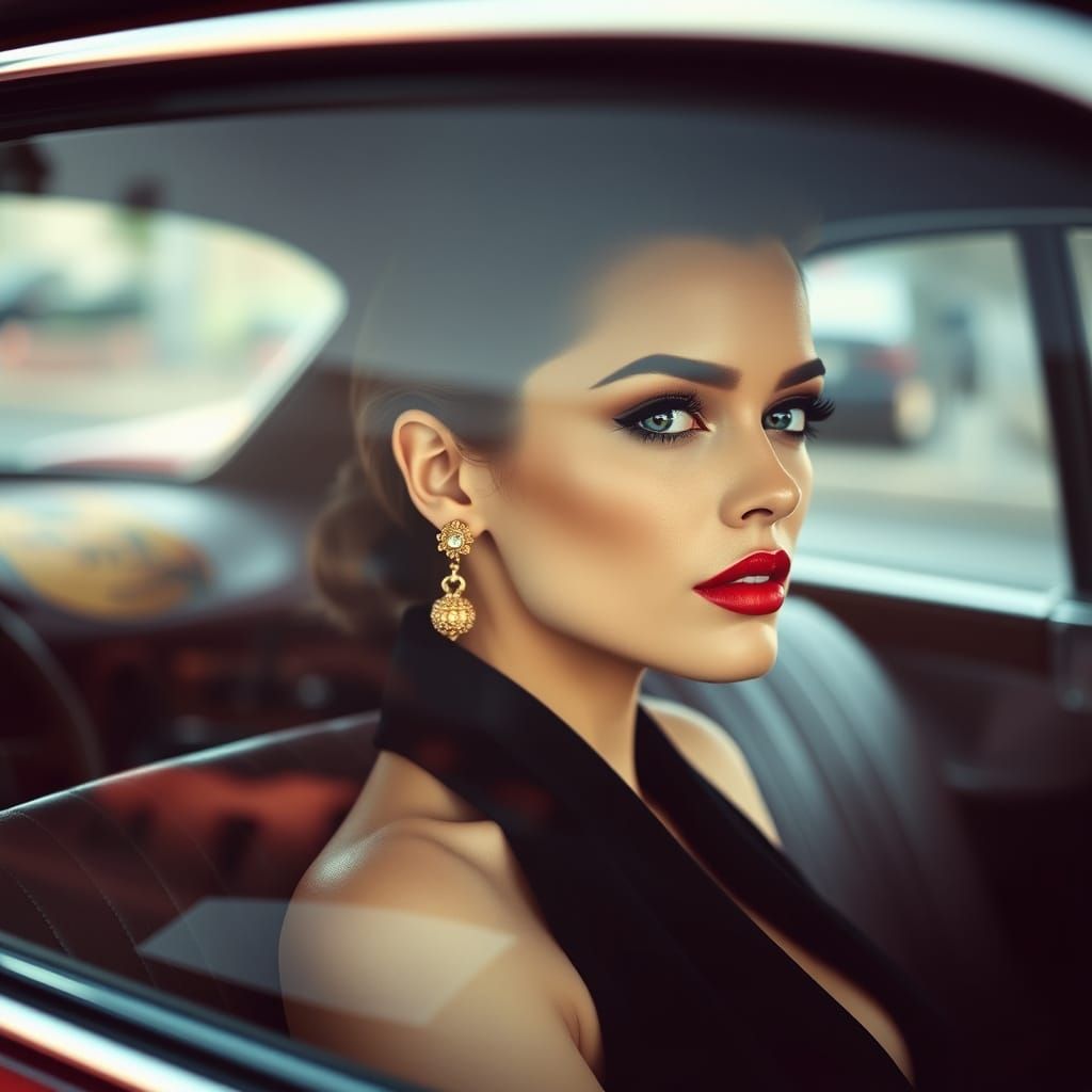 Elegant Woman in Vintage Car: Retro Fashion Portrait
