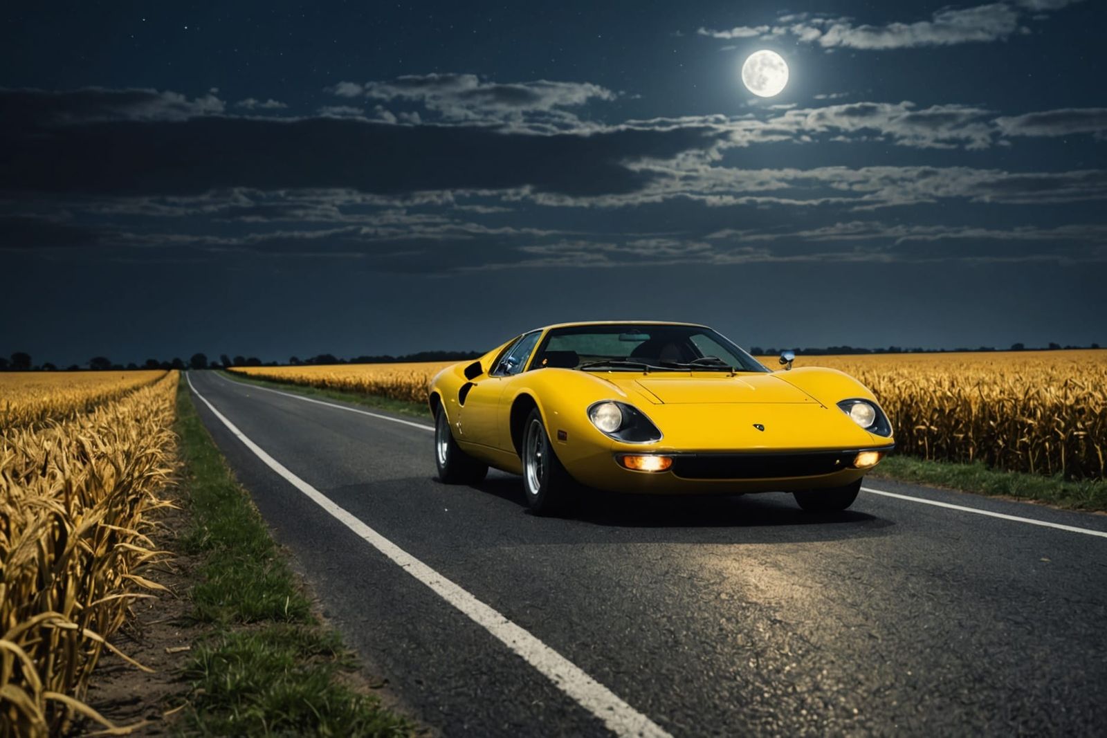 Yellow Lamborghini Miura at Night