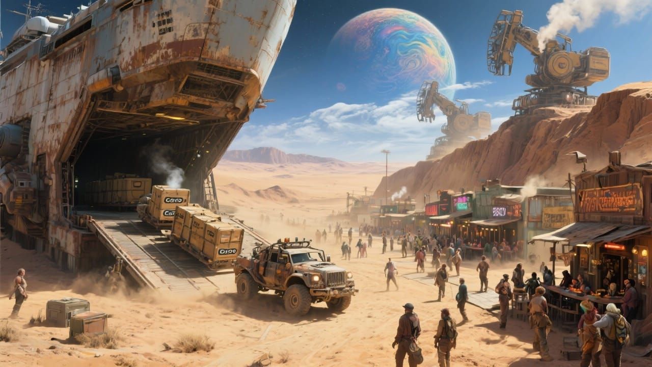 Retro-Futuristic Mining Outpost Resupplied by Ancient Spaces...