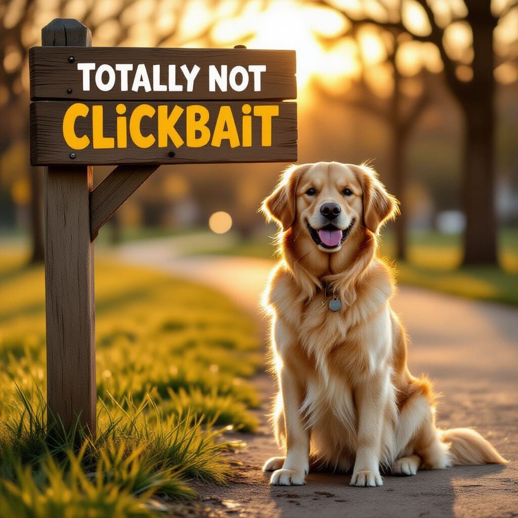 Photorealistic Golden Retriever by 'Not Clickbait' Sign