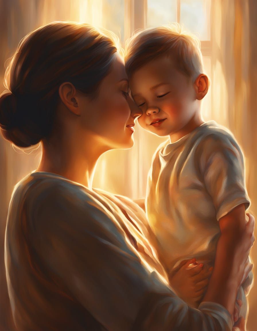 “Create a photorealistic illustration of a mother and child sharing a quiet, tender moment in a sunlit room filled with ...