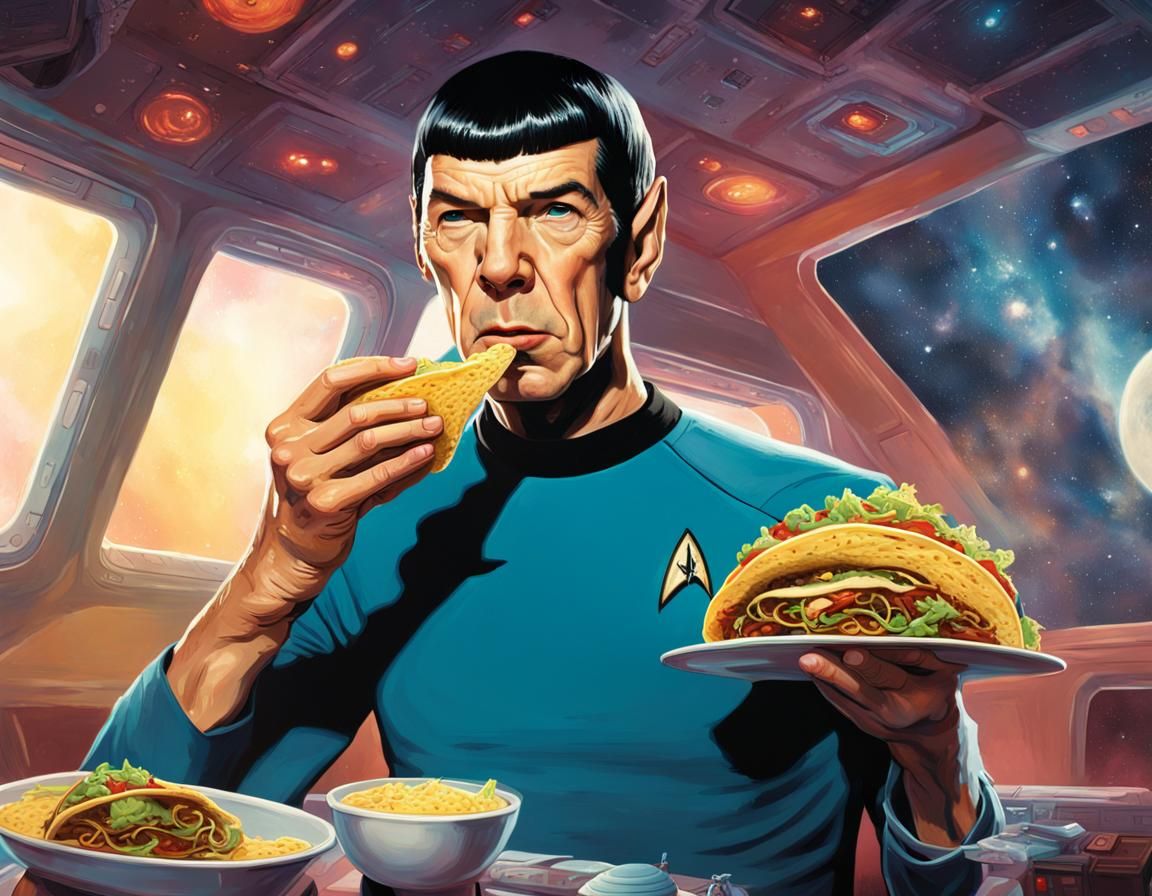 Spock's Taco Fiesta Aboard Spaceship in Hyperrealistic Style