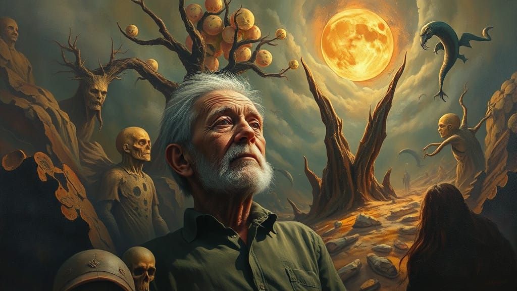 Mysterious Elderly Man in Haunted Landscape
