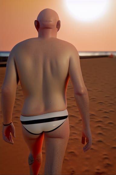 Hyperrealistic Sunset Beach Walker in Speedo