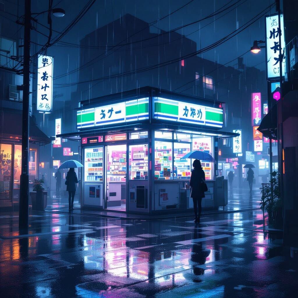 Mysterious Konbini on Rainy Street in Anime Style