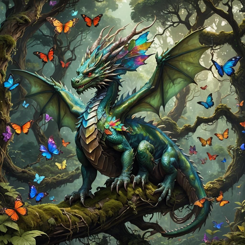 Dragon and Butterflies in a Fantasy Forest