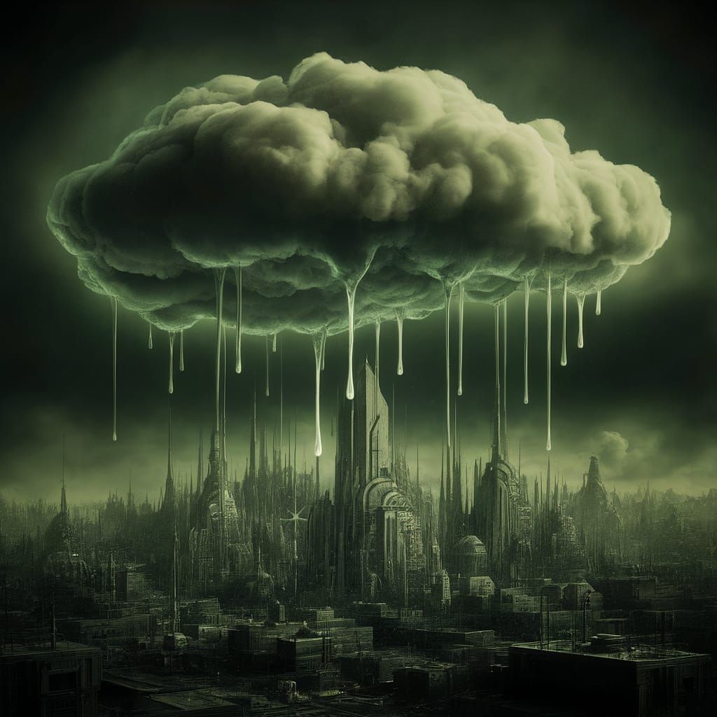 Surreal Cityscape with Dripping Clouds in Eerie Light