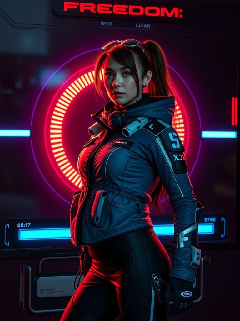 Woman in Techwear Posing Before Loading Bar