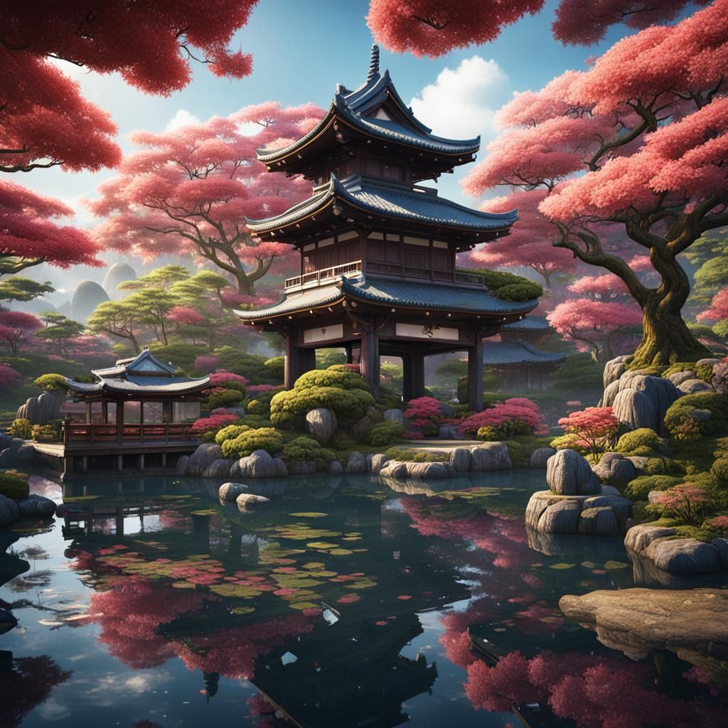 Detailed Japanese Water Garden with Building in Center