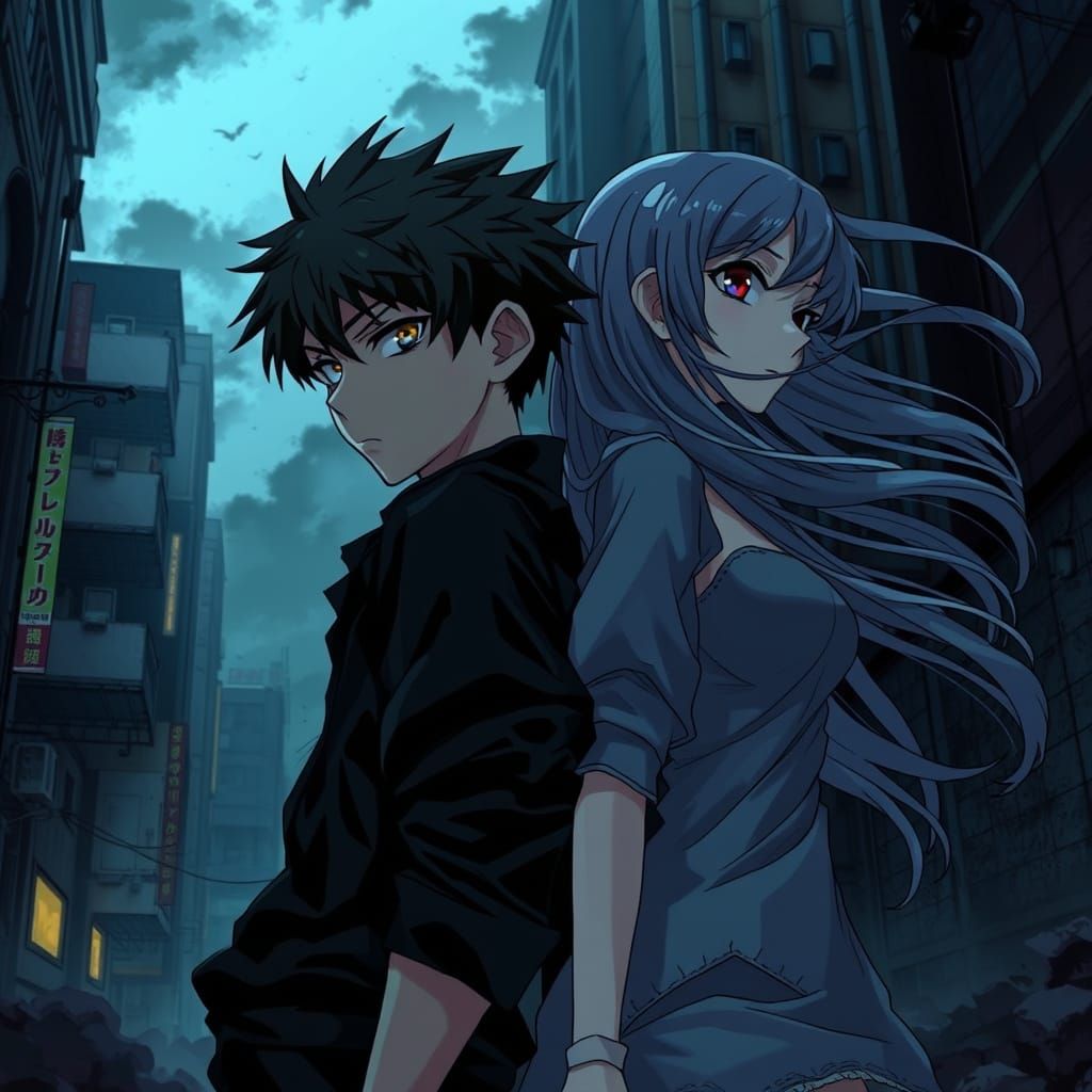 Dramatic Anime Duo in Dark, Gritty Cityscape
