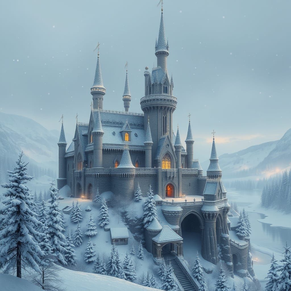 Winter Wonderland Castle Scene in Ethereal Style