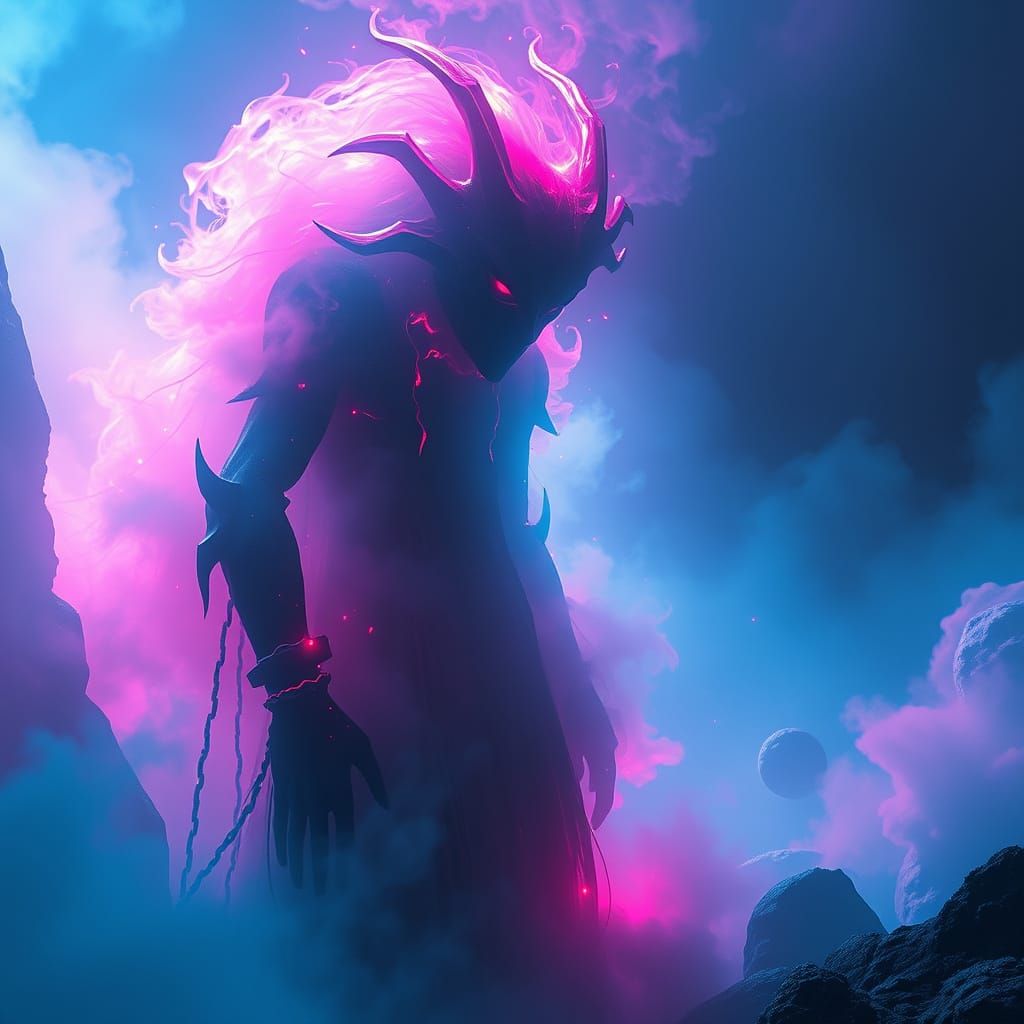 Mysterious Glowing Entity in Dreamlike Neon Landscape