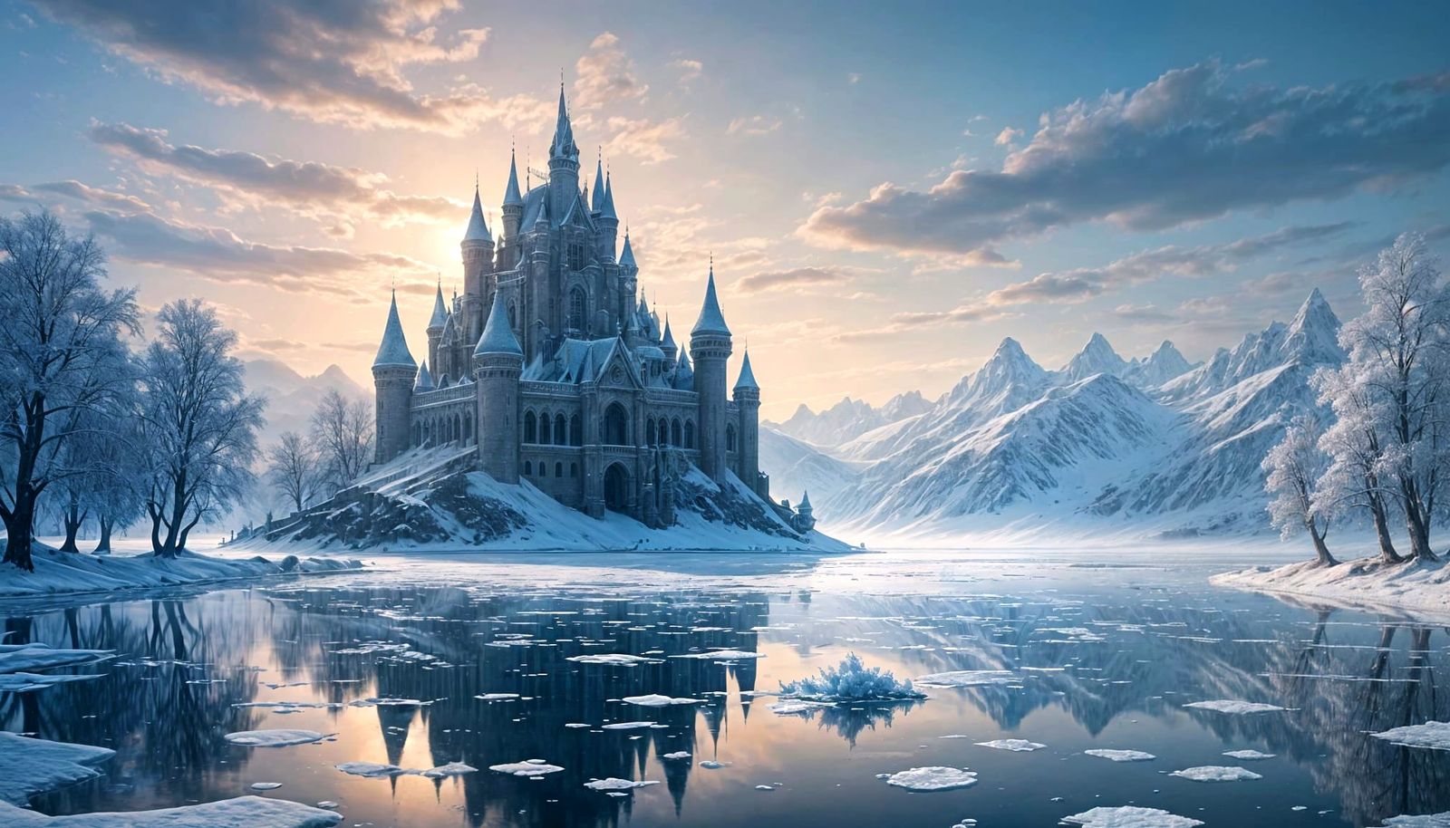 Giant Ice Flowers Bloom on Frozen Lake with Palace Silhouett...