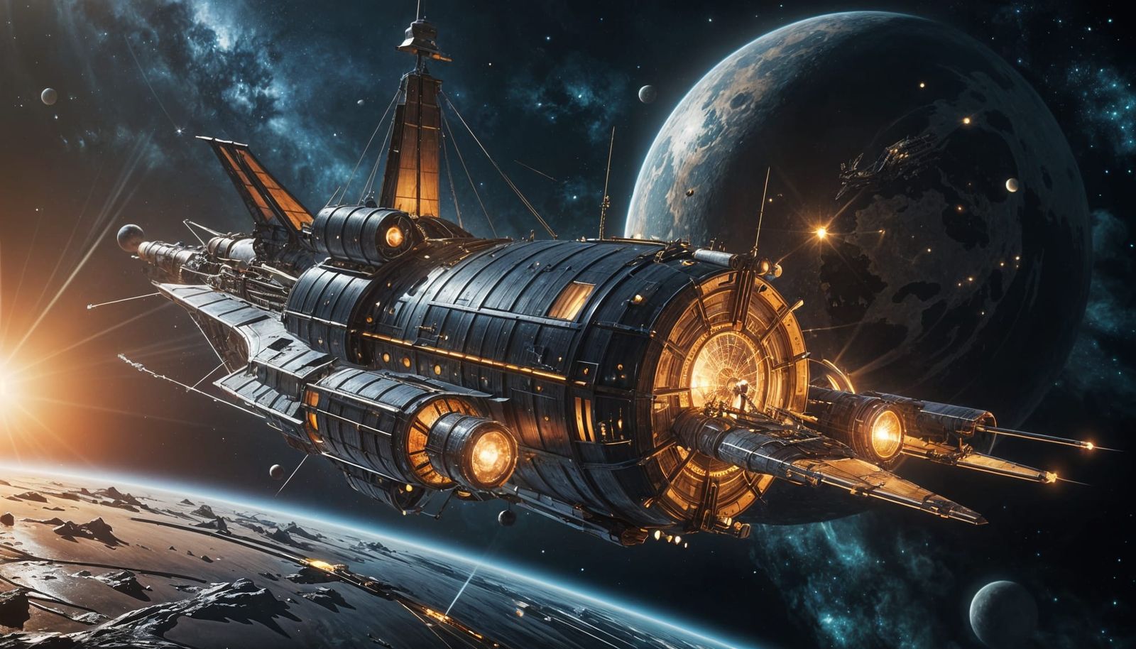 Retro-Futuristic Space Caravel Sailing Outer Space