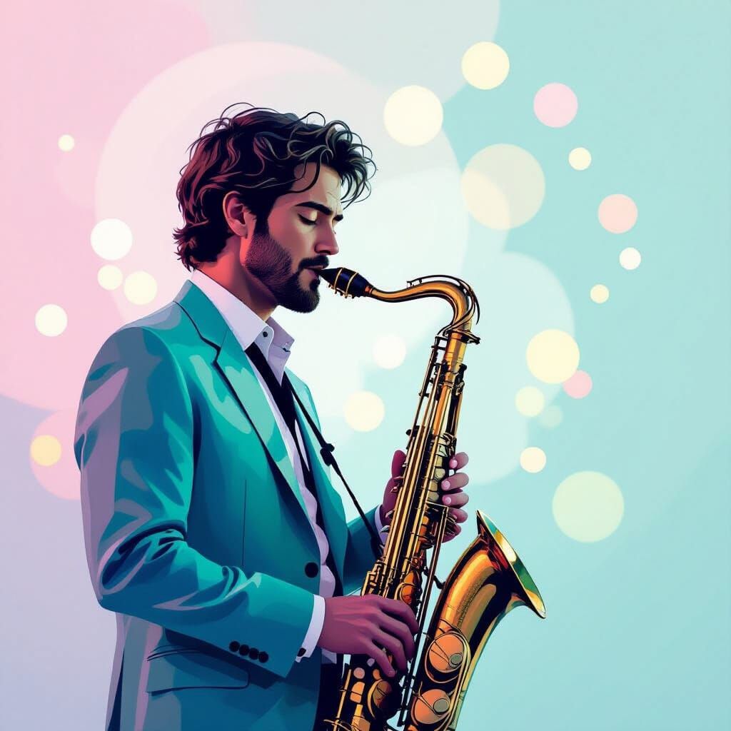 Ethereal Jazz Player in Minimalist Pastel Dreamscape