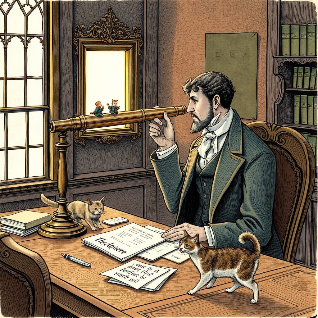 Victorian Gentleman Peers Through Telescope at Mysterious Wi...