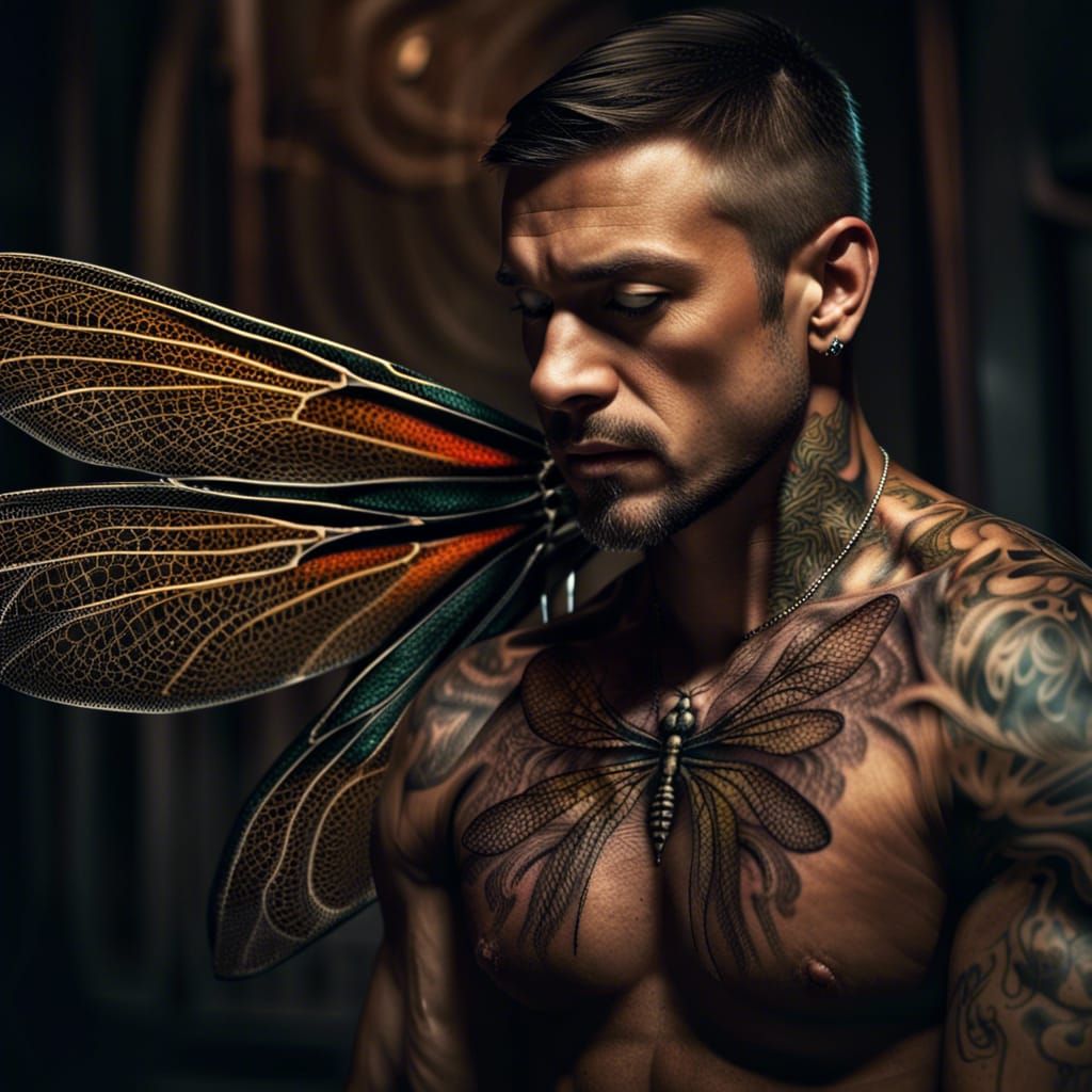 Hyperrealistic Portrait of Muscular Man with Tattoo