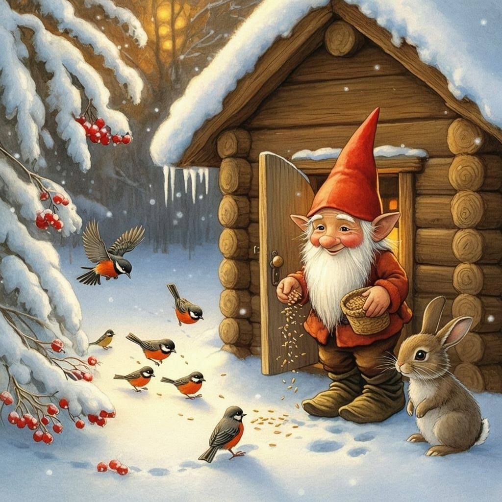 Whimsical Winter Wonderland Scene in Watercolor Style