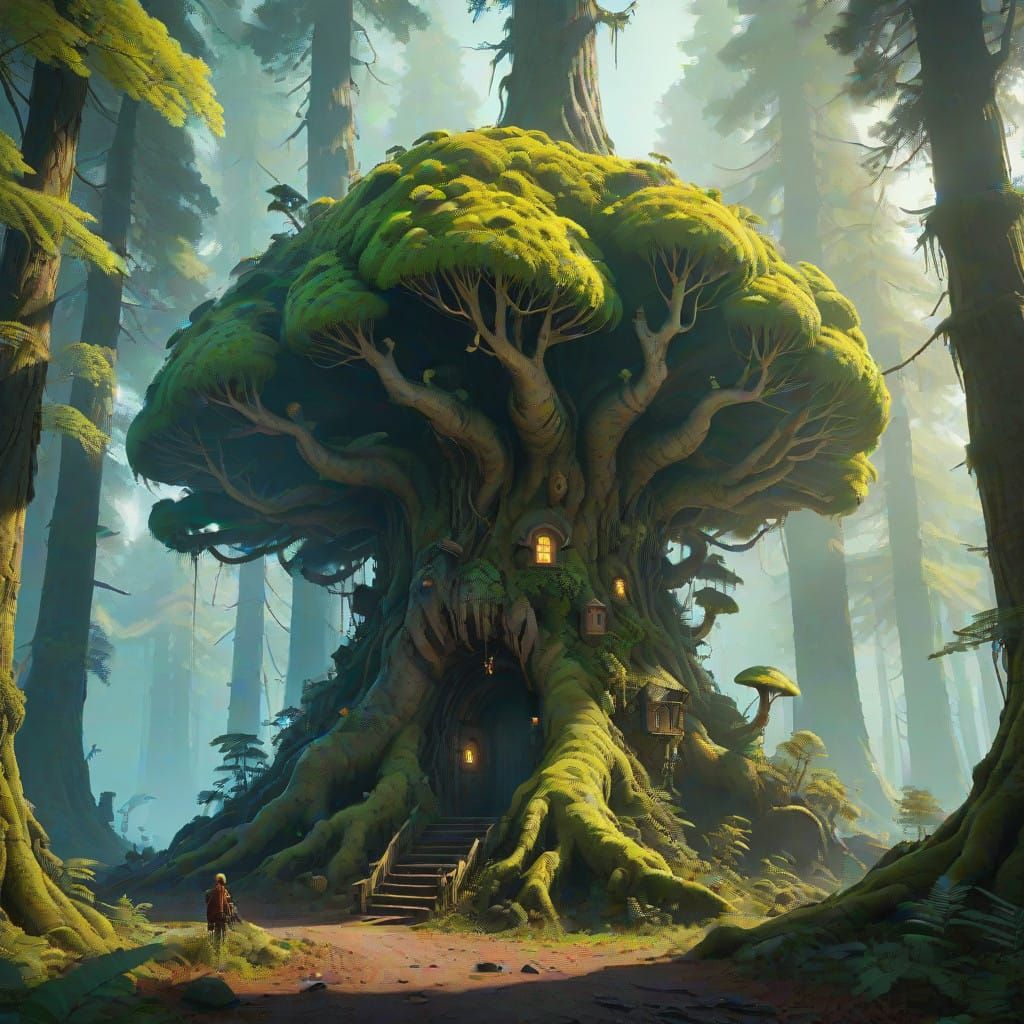 Ancient Forest Giant with Roots Covered in Ferns and Moss