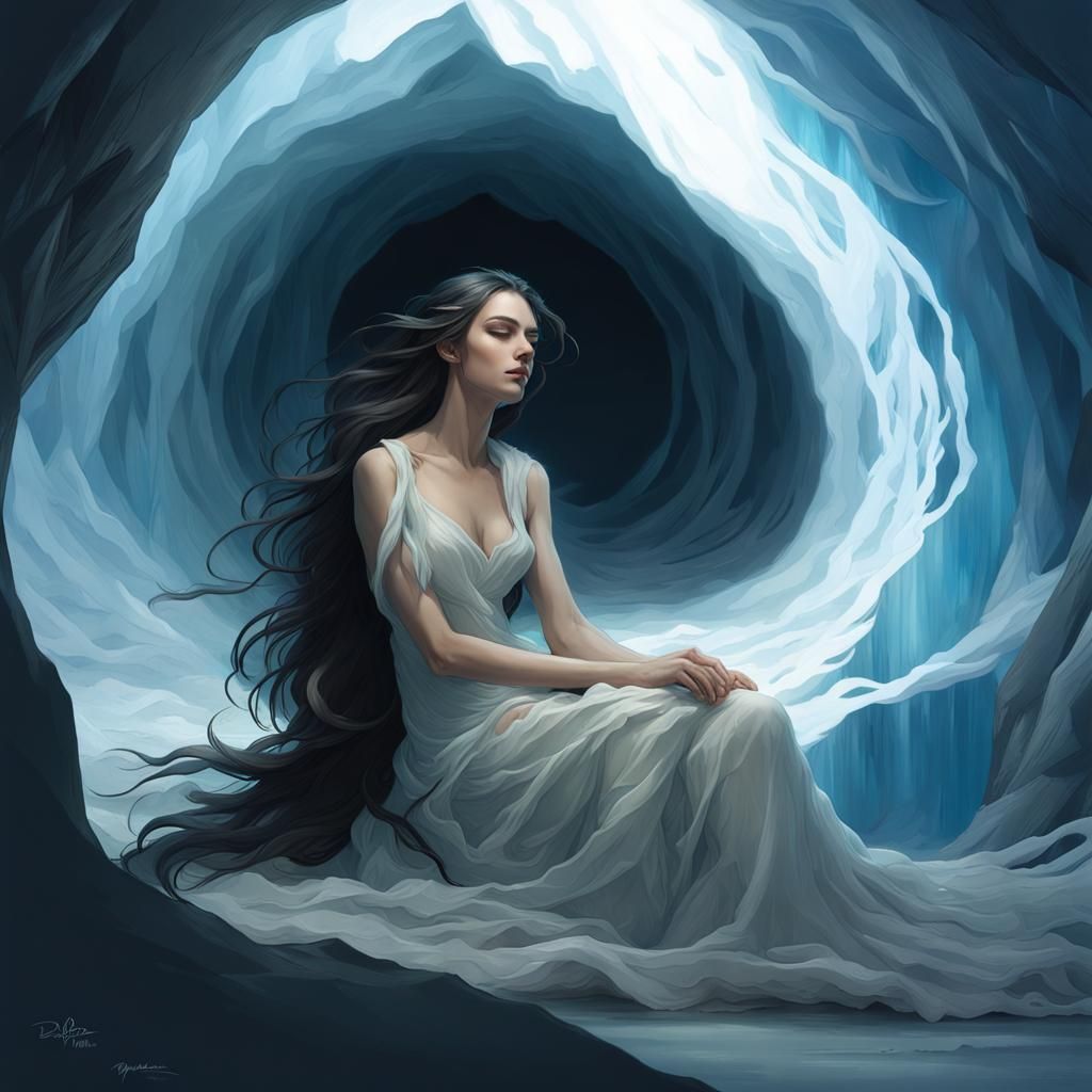Ethereal Woman in Ice Cave: Digital Art Portrait