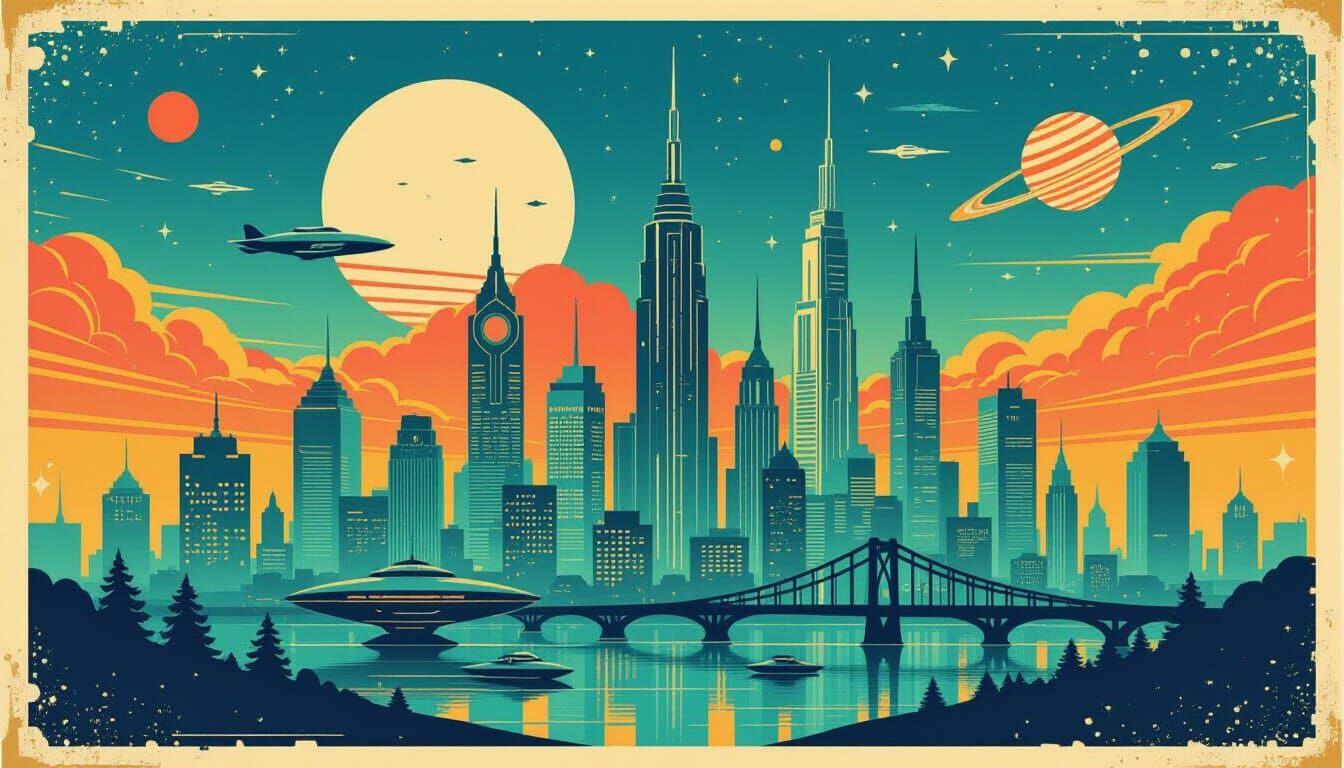 Retro-Futuristic City Skyline in Vintage Sci-Fi Style