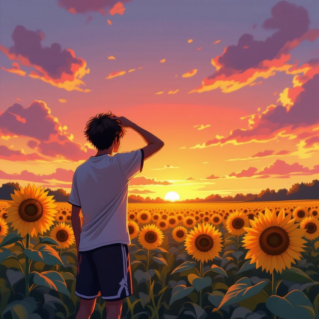Football Player Gazing at Sunset in Whimsical Style