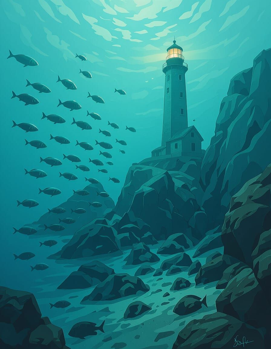 Underwater Lighthouse Scene in Dreamy Art Style