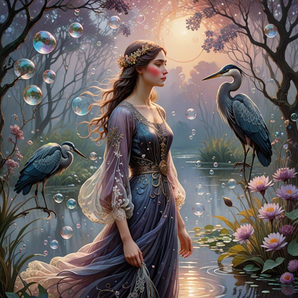 Surreal Art Nouveau Lady of the Lake Amidst Iridescent Bubbl...