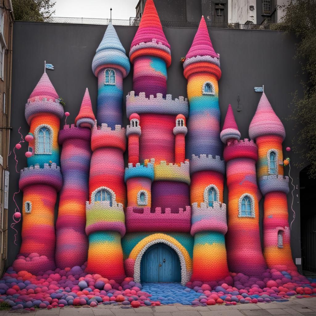 Massive Knitted Crochet Castle in Graffiti Art Style