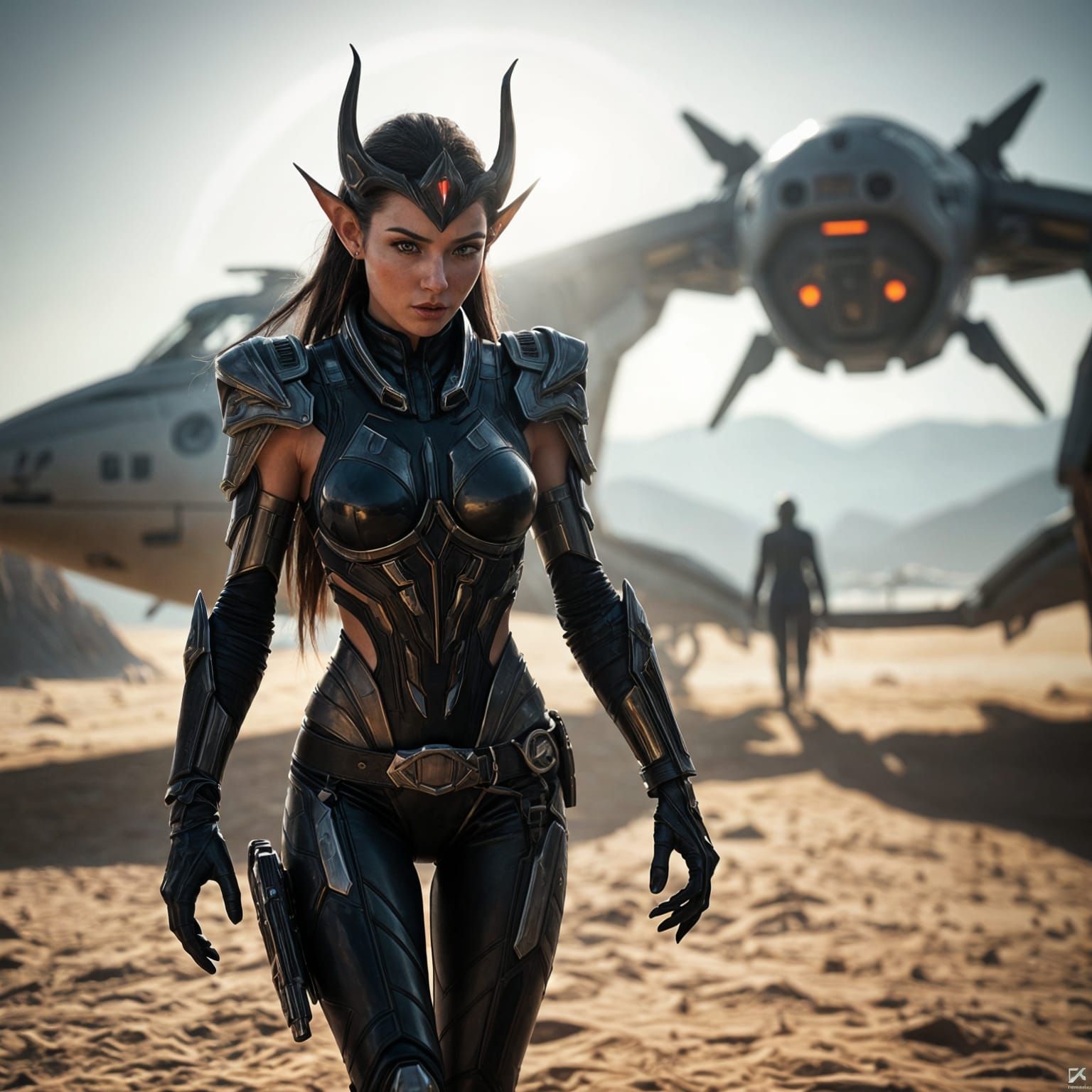 Cyberpunk Elf Bounty Hunter on Desert Planet
