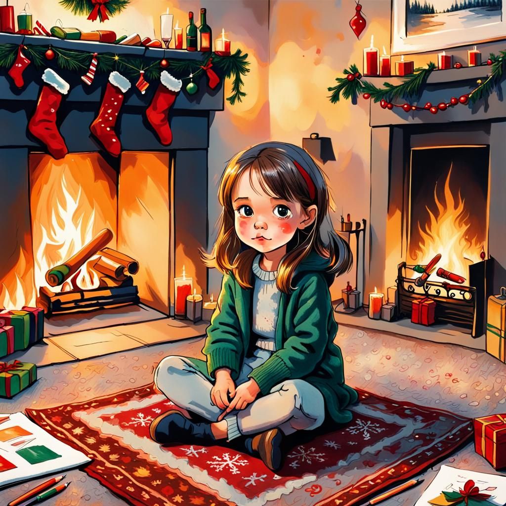 Cute Girl by Fireplace in Christmas Colors