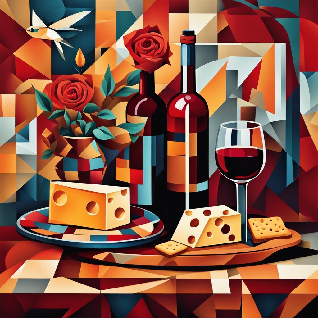 Batik Still Life with Wine and Hummingbird