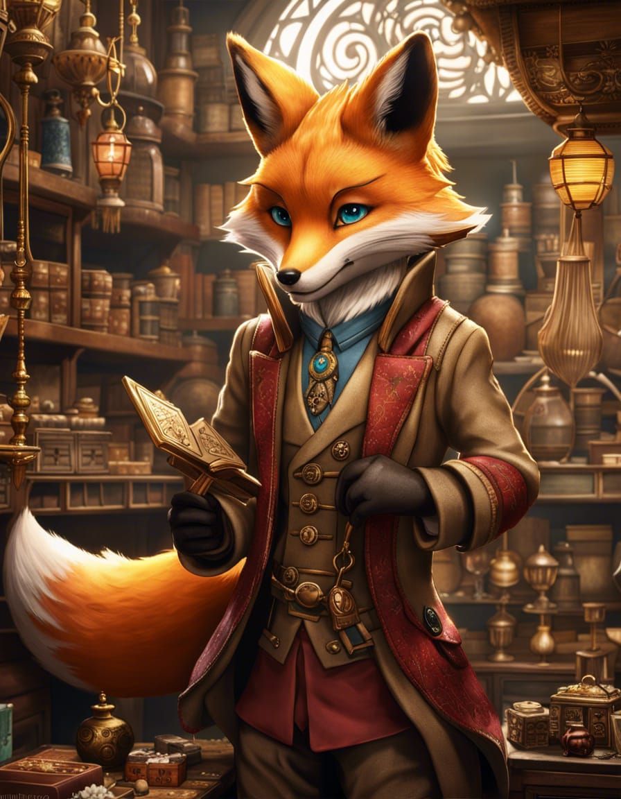 Anime Anthro Fox Antiquarian Dealer in 16K HDR
