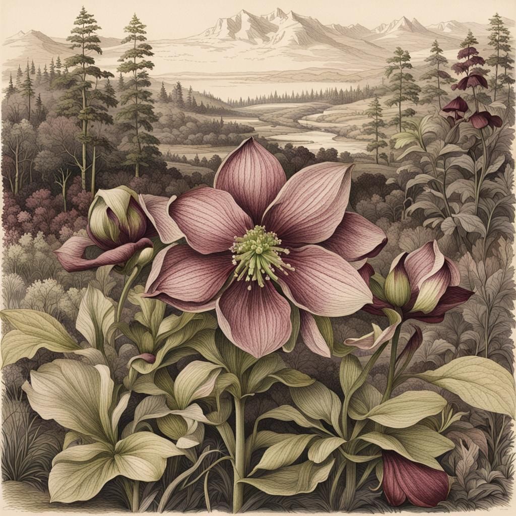 Botanical Ink Drawing of Dark Wine Hellebore