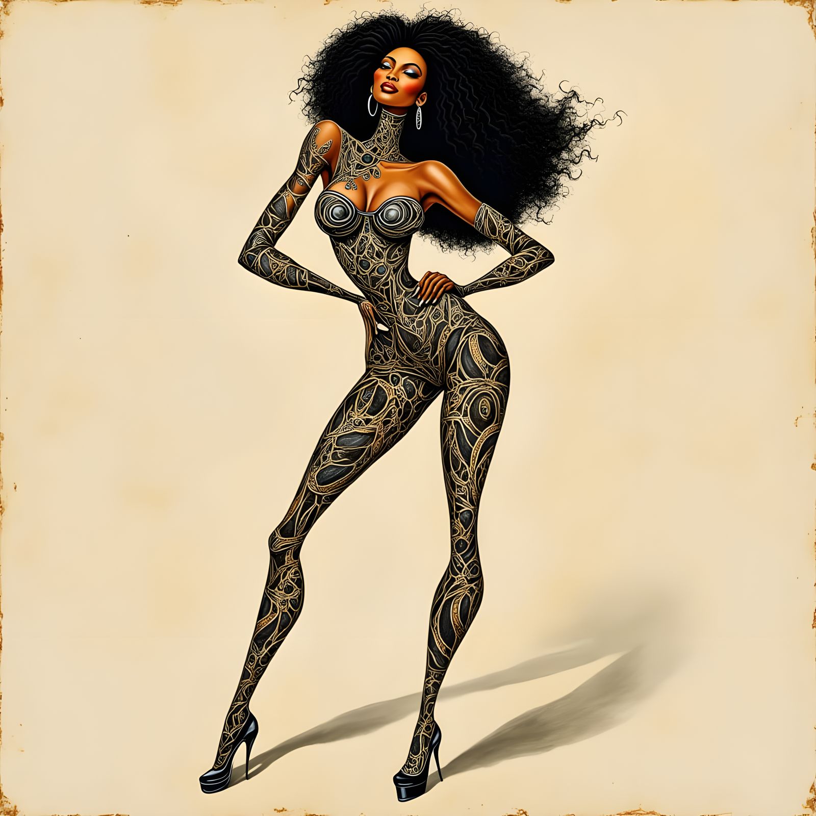 Pinup Woman in Zentangle Bodysuit with Albino Hair