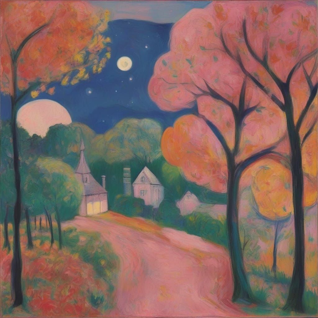Pink Moon Over Forest, Inspired by Chagall and Kirchner