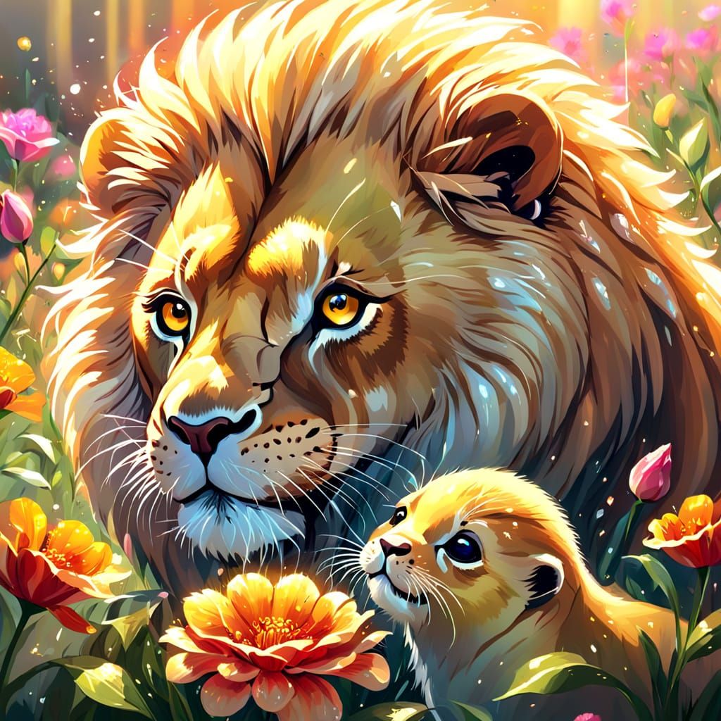 Vibrant Impressionist Masterpiece of Lion Flower and Baby Se...