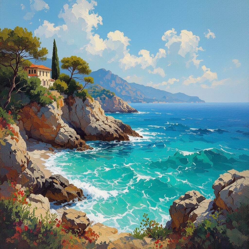 Vibrant Italian Coastline as Impasto Painting