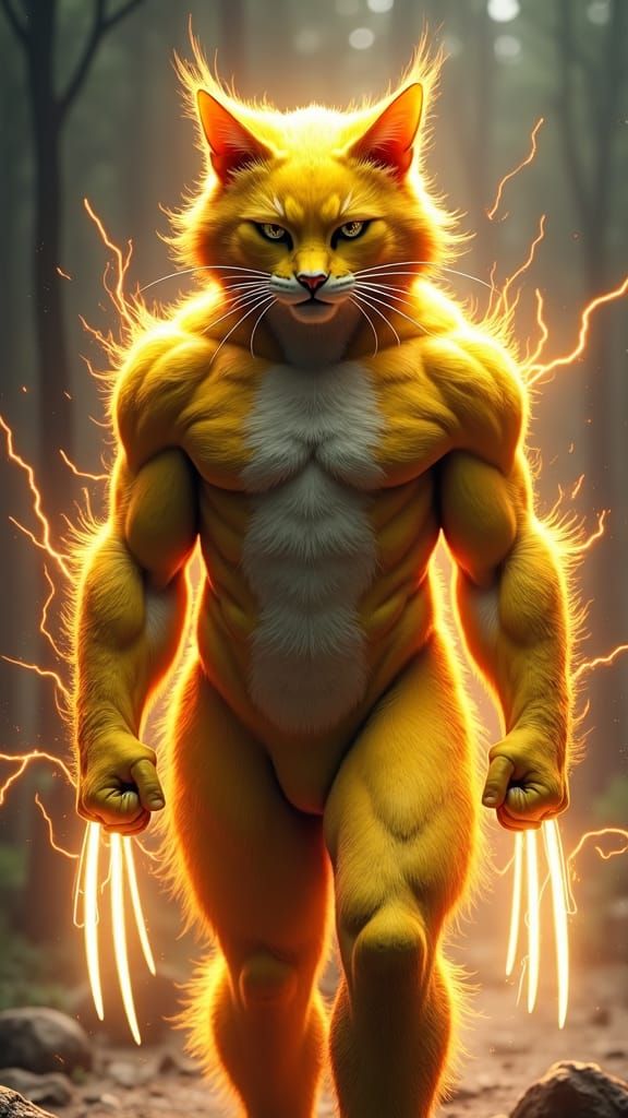 Cat Wolverine Hybrid Superhero in Lightning Storm