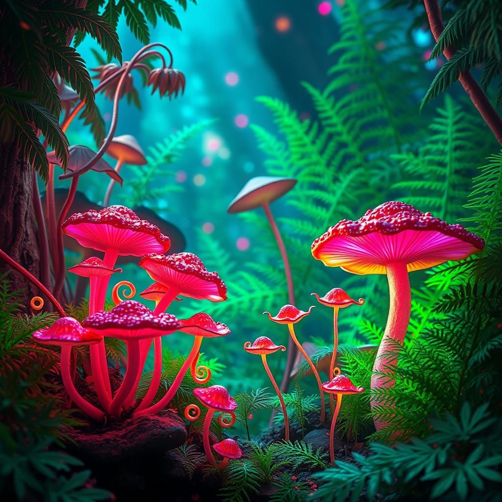 Vibrant Neon Fantasy Realm with Mushrooms and Elfin Creature...