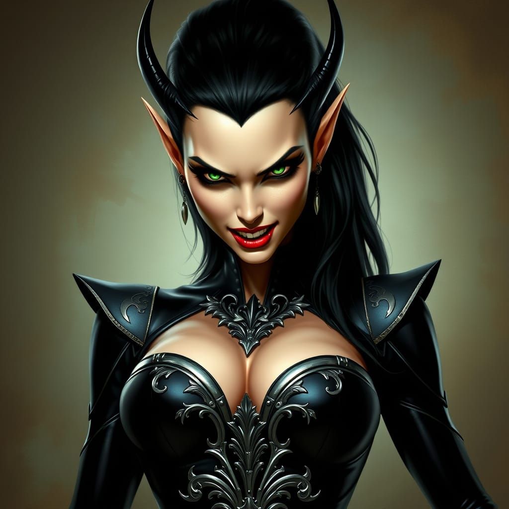 Elegant Vampire Elf in Black Latex, Exuding Dark Gothic Roma...