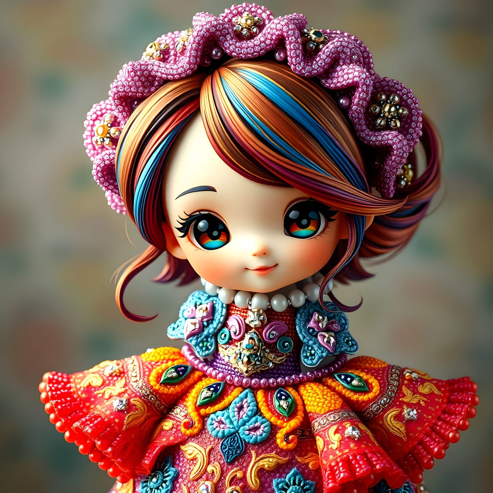Chibi Girl in Rainbow Beadwork Couture