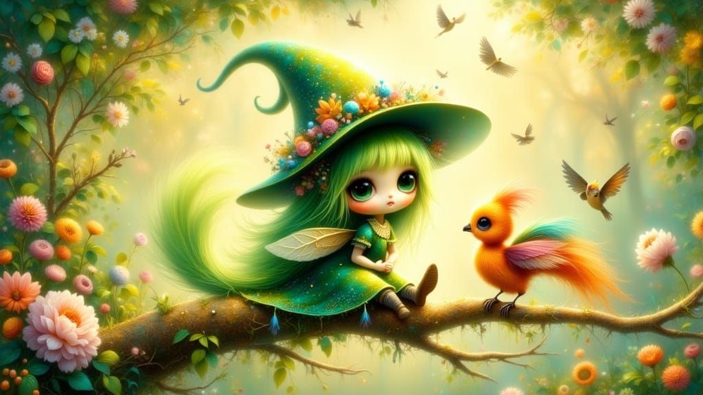 Chibi Green Witch in Whimsical Forest