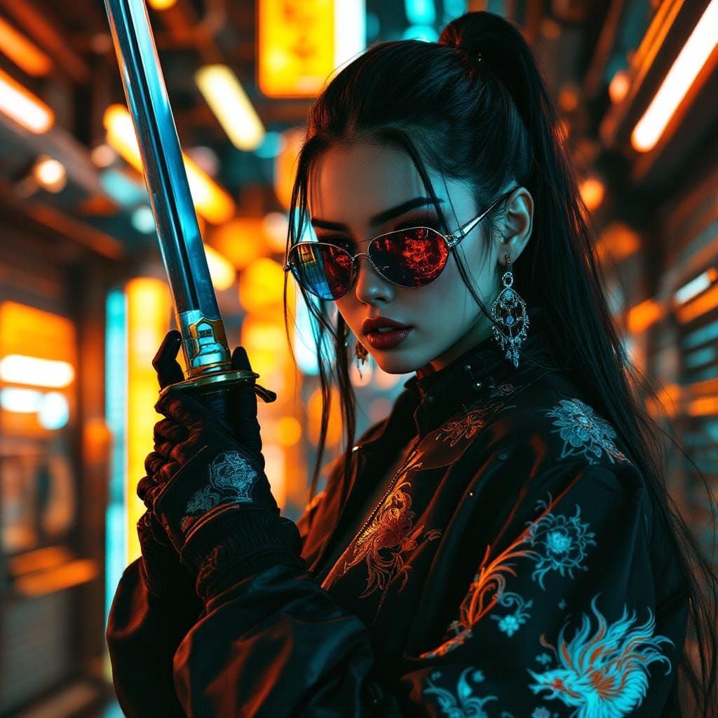 Cyberpunk Warrior with Katana in Neon Cityscape