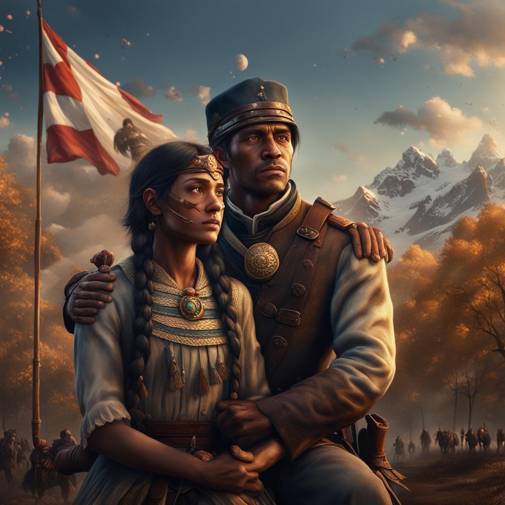 Soldier and Native American Romance: Detailed Matte Painting